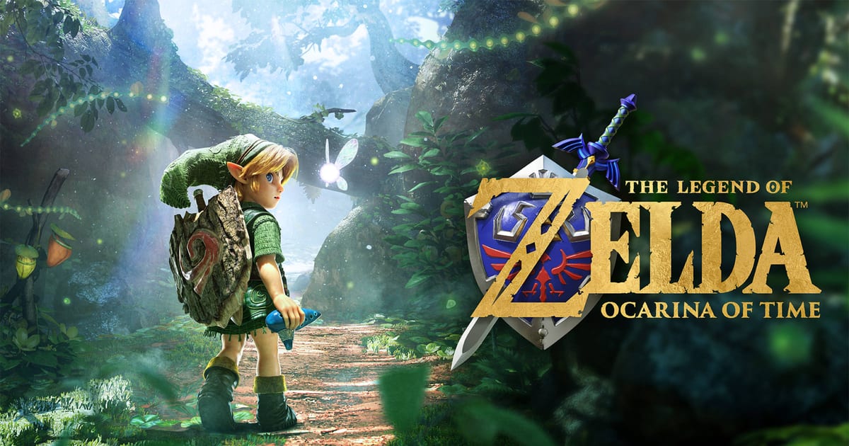 Official key art for The Legend of Zelda: Ocarina of Time on Nintendo Switch 2, showing young Link with the Deku Shield and Navi in the Kokiri Forest next to the game logo