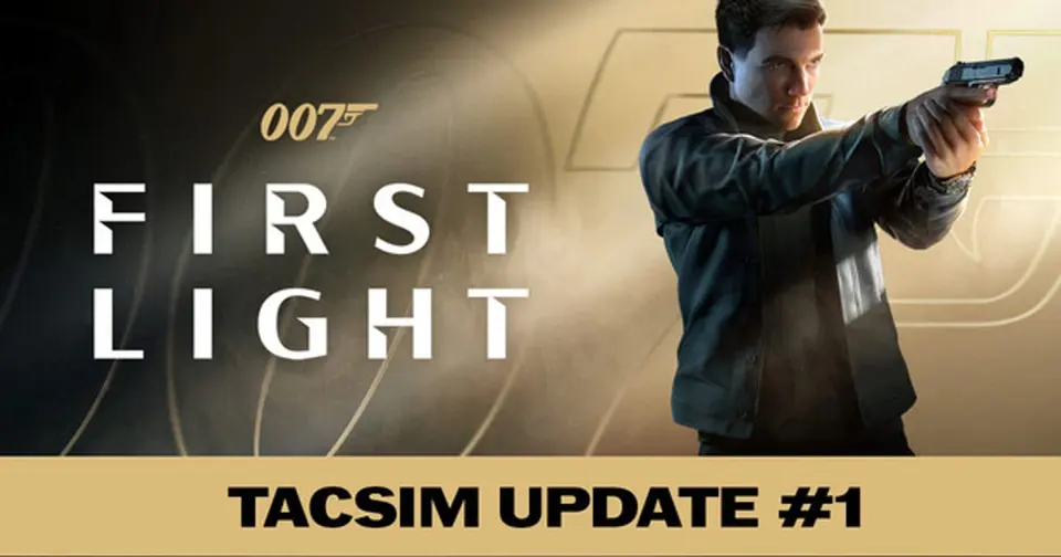 James Bond aiming a pistol on the gold 007 First Light TacSim Update key art