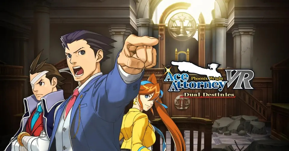 Official Ace Attorney: Dual Destinies VR key art with Phoenix Wright pointing forward in his blue suit, Apollo Justice and Athena Cykes at his sides, inside a sunlit courtroom