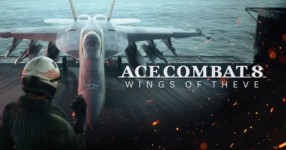 A fighter jet on an aircraft carrier deck at dusk with a helmeted pilot in the foreground, the Ace Combat 8: Wings of Theve key art