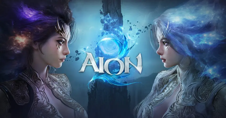 Official AION 2 key art with an Elyos and an Asmodian Daeva facing each other in front of the glowing Tower of Eternity