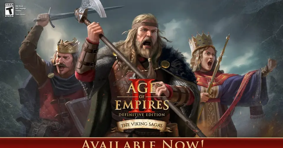 Official Age of Empires II: Definitive Edition The Viking Sagas key art with Harald Hardrada raising an axe between a crowned Saxon king and a Byzantine empress