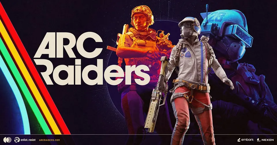 Official ARC Raiders key art showing three armored Raiders beside the game logo and a rainbow stripe