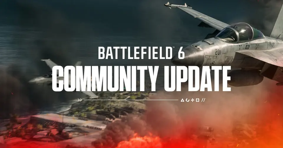 Official Battlefield 6 community update art showing two fighter jets flying over Wake Island amid smoke and explosions