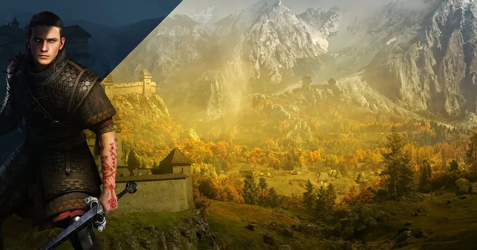 Official key art of Coen holding his sword in front of a sunlit mountain valley in The Blood of Dawnwalker