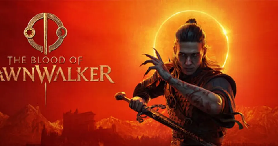 Official key art for The Blood of Dawnwalker showing protagonist Coen reaching toward the viewer in front of a burning orange eclipse