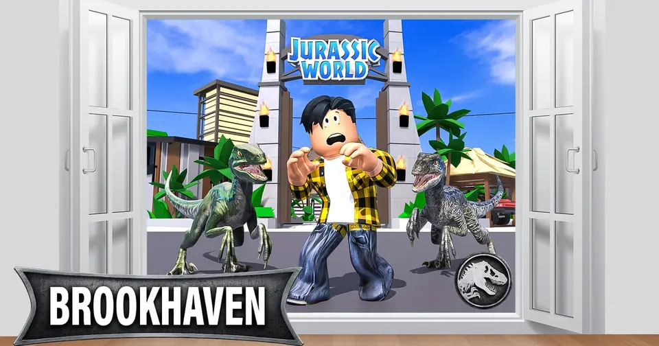 Brookhaven Jurassic World key art with a Roblox character fleeing two velociraptors in front of the Jurassic World gates