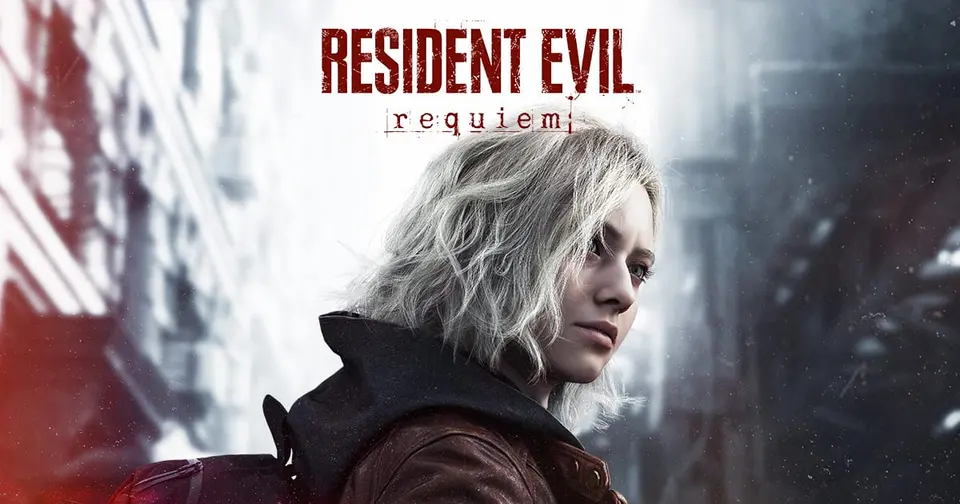 Resident Evil Requiem key art showing Grace Ashcroft in front of a ruined, snow covered city with the game logo above her