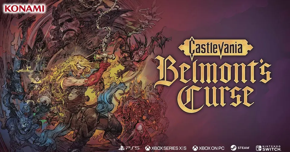 Rose Belmont swinging the Vampire Killer whip surrounded by Death, Medusa, Carmilla and other monsters in the official Castlevania: Belmont's Curse key art