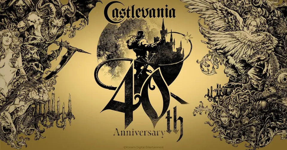 Official Castlevania 40th Anniversary key art in gold and black ink, with Simon Belmont cracking his whip in front of Dracula's castle, framed by Death, Medusa and other series monsters