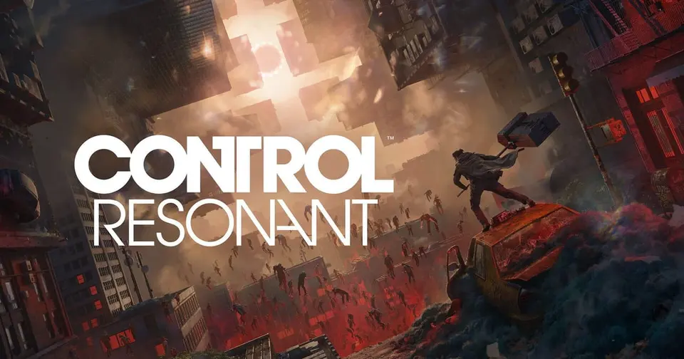 Official Control Resonant key art showing Dylan Faden standing on a wrecked taxi with the Aberrant hammer as Hiss bodies float above a warped, red-lit Manhattan