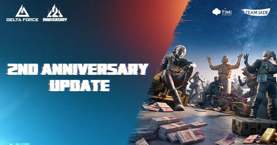 Delta Force 2nd Anniversary Update key art with operators celebrating around a gold statue and piles of Delta Tickets