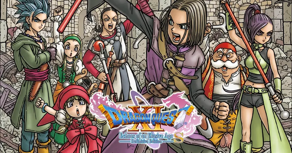Official Dragon Quest XI S key art showing the Luminary and his party raising their weapons in front of a ruined stone wall