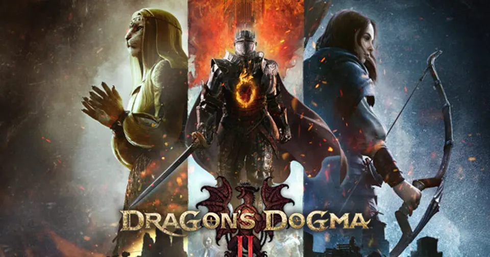 Dragon's Dogma 2 key art showing an armored Arisen facing a dragon, with the game logo