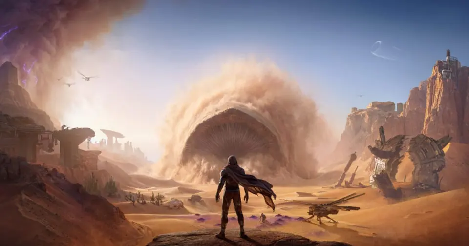 Dune: Awakening key art with a caped figure on a rock facing a giant sandworm bursting out of the dunes of Arrakis, an ornithopter and wreckage nearby