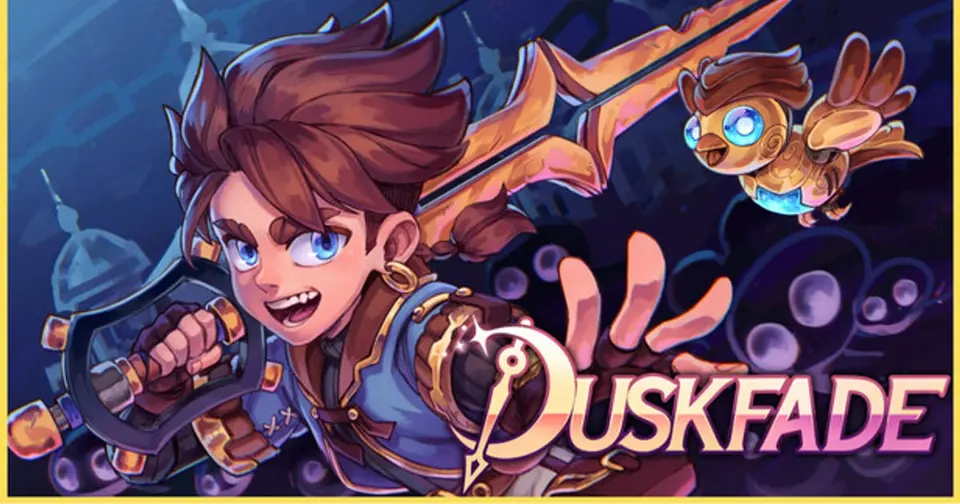 Duskfade key art showing the young hero Zirian with a large sword in a colorful clockpunk world