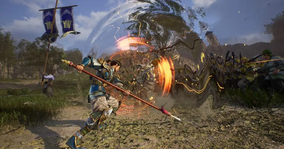 An officer in blue armor charges with a spear through a cloud of orange sparks on a battlefield in Dynasty Warriors 3: Complete Edition Remastered