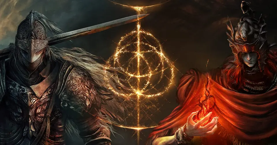 Official Elden Ring key art showing an armored Tarnished and Messmer the Impaler on either side of the glowing golden Elden Ring