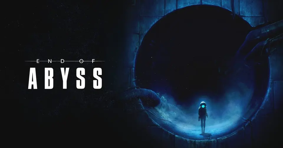 End of Abyss key art: Cel in her glowing round helmet standing inside a dark circular tunnel