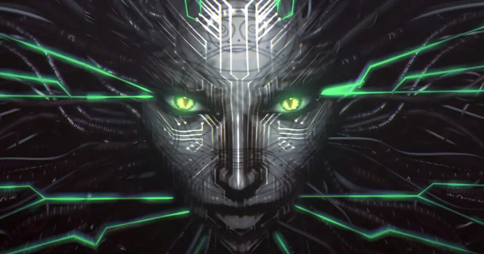 Official System Shock 2: 25th Anniversary Remaster key art showing the rogue AI SHODAN's face wired into glowing green circuitry