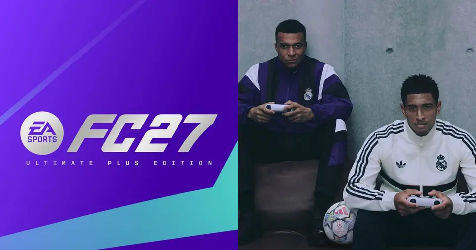 Official EA SPORTS FC 27 Ultimate Plus Edition key art with Kylian Mbappe in front of a bright stadium backdrop