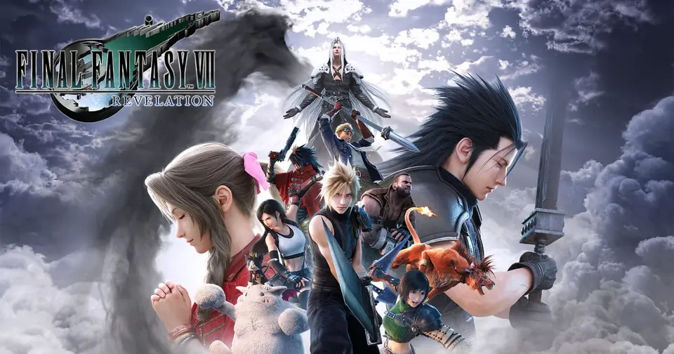 Official Final Fantasy VII Revelation key art showing Cloud, Tifa, Aerith, Zack, Sephiroth and the full cast among storm clouds