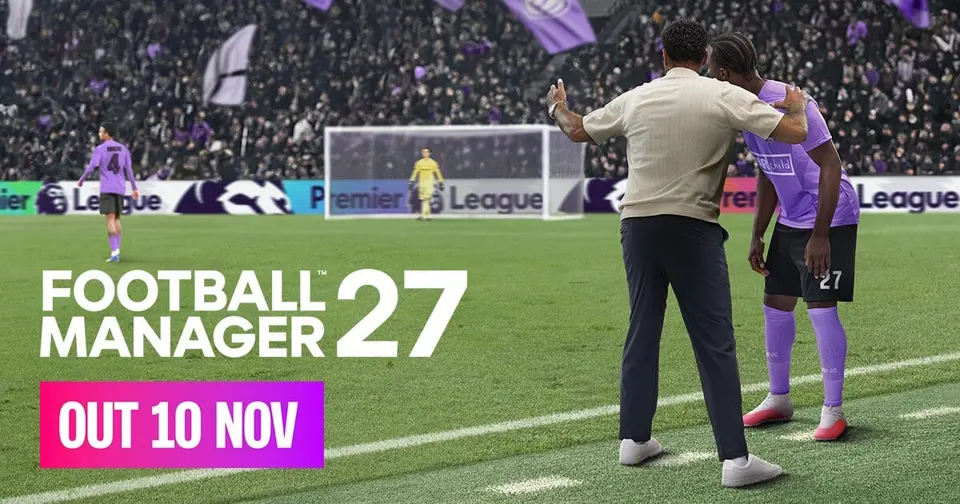 Official Football Manager 27 key art showing a manager with his arm around a player on the touchline, with the words Out 10 Nov