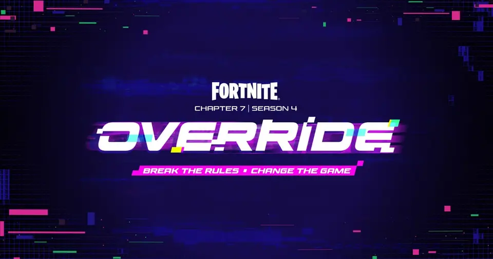 Fortnite Chapter 7 Season 4 Override logo in a glitchy pixel style on a purple background with the tagline Break the Rules, Change the Game