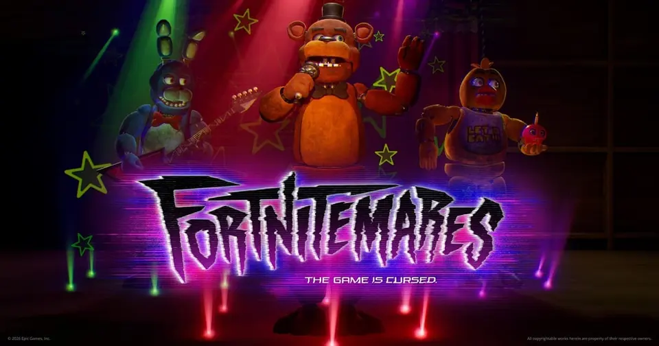Official Fortnitemares 2026 key art showing the animatronics Bonnie, Freddy Fazbear and Chica on a neon-lit stage above the tagline The Game Is Cursed