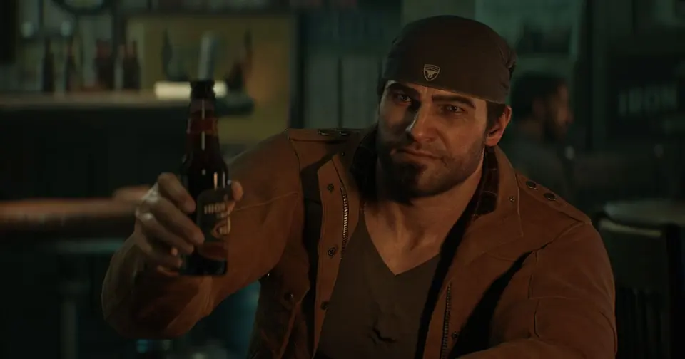 A young Marcus Fenix raising a bottle in a bar in Gears of War: E-Day