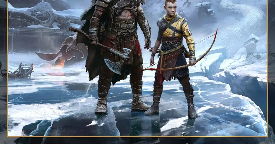 Official God of War Ragnarok key art showing Kratos and Atreus standing on a frozen lake