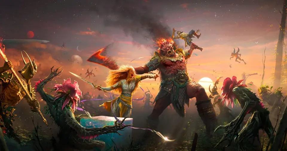 Official God of War Laufey key art showing Faye charging a towering flaming warlord across a battlefield in the Everywhen