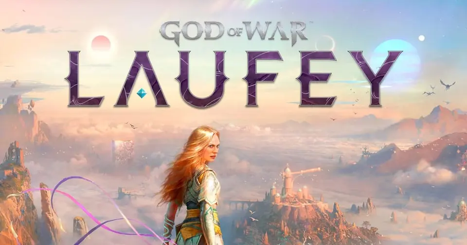 Official God of War Laufey key art showing Faye overlooking the pastel skies and floating islands of the Everywhen