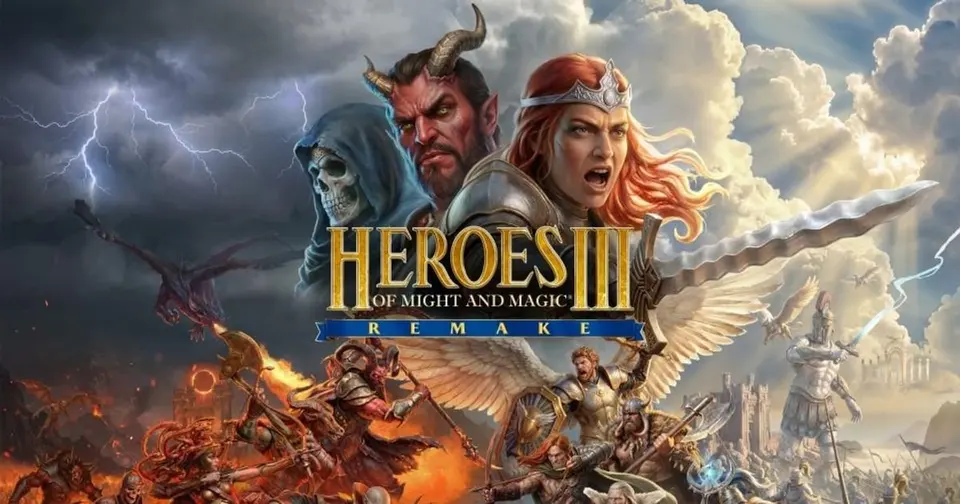 Heroes of Might and Magic III Remake key art showing a demon, a lich and a red-haired queen above a battlefield of angels and devils
