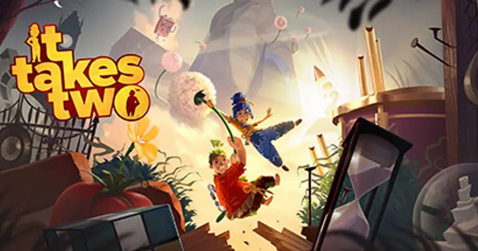 Official key art for It Takes Two showing the two lead characters, Cody and May, in a colorful scene