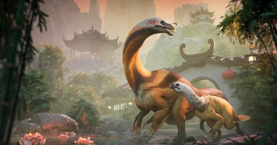 Jurassic World Evolution 3 Prehistoric East key art showing a feathered Nanshiungosaurus and its juvenile beside a lotus pond, with pagodas and a moon gate behind them