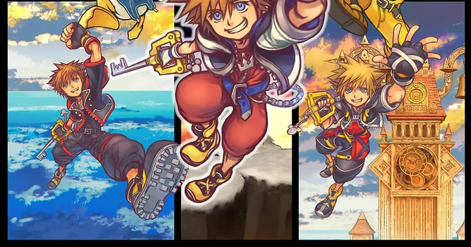 Official artwork for Kingdom Hearts Collection showing Sora leaping in three different art styles across sky and clock tower backdrops