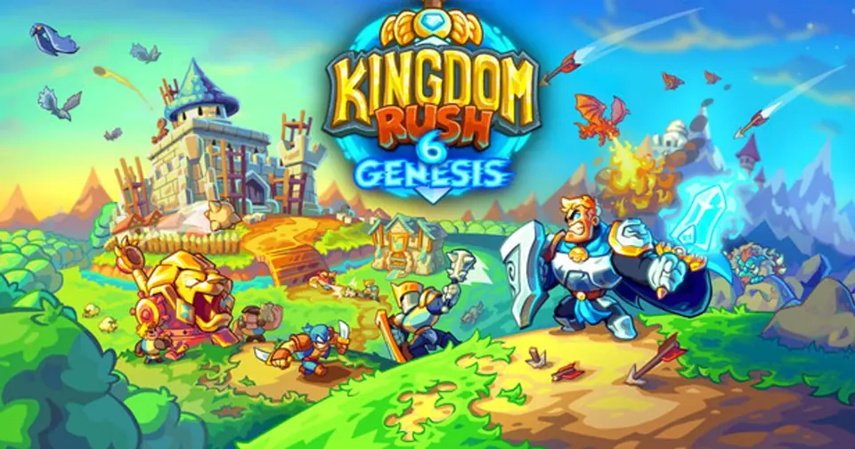 Official Kingdom Rush 6: Genesis key art with the game logo over a bright fantasy battlefield, a knight in blue armor casting a spell and a golden mechanical lion tower