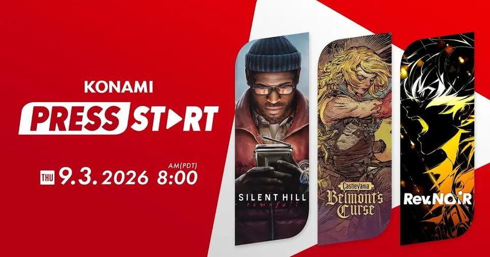 Official Konami Press Start key art for September 3 featuring Silent Hill Townfall, Castlevania Belmont's Curse and Rev. NOiR
