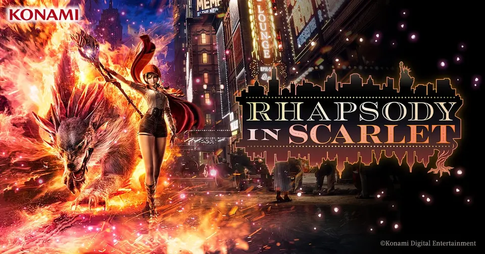 Official Rhapsody in Scarlet key art: Ellie Myers with a flaming staff and a beast companion on a neon lit 1920s New York street