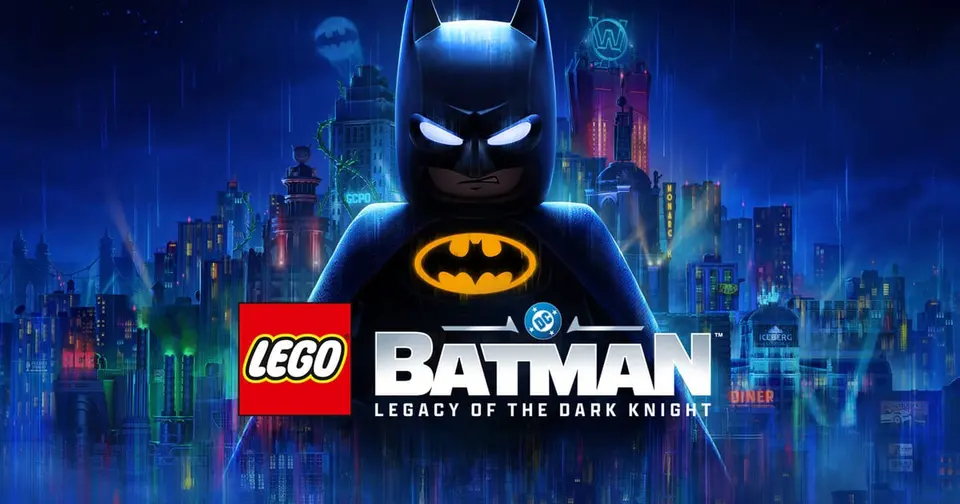 LEGO Batman standing over a rain soaked, neon lit Gotham City in the key art for LEGO Batman: Legacy of the Dark Knight
