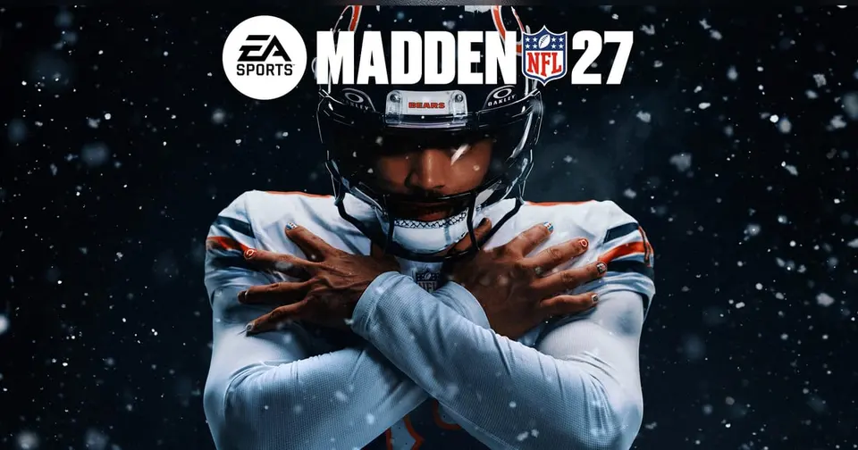 Official Madden NFL 27 cover art showing Caleb Williams in a Chicago Bears uniform crossing his arms as snow falls