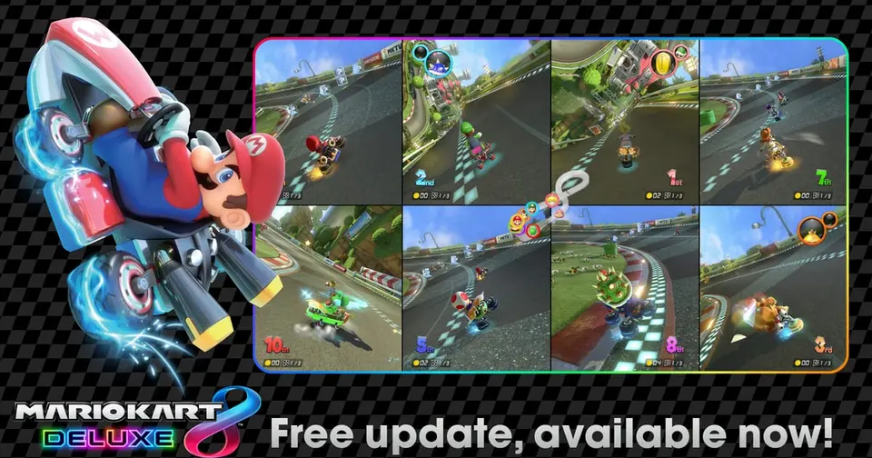 Official Mario Kart 8 Deluxe free update banner showing Mario on a bike next to an eight-player split-screen race