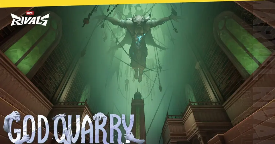 Marvel Rivals God Quarry map key art showing a chained god suspended in a green-lit hall of Omnipotence City