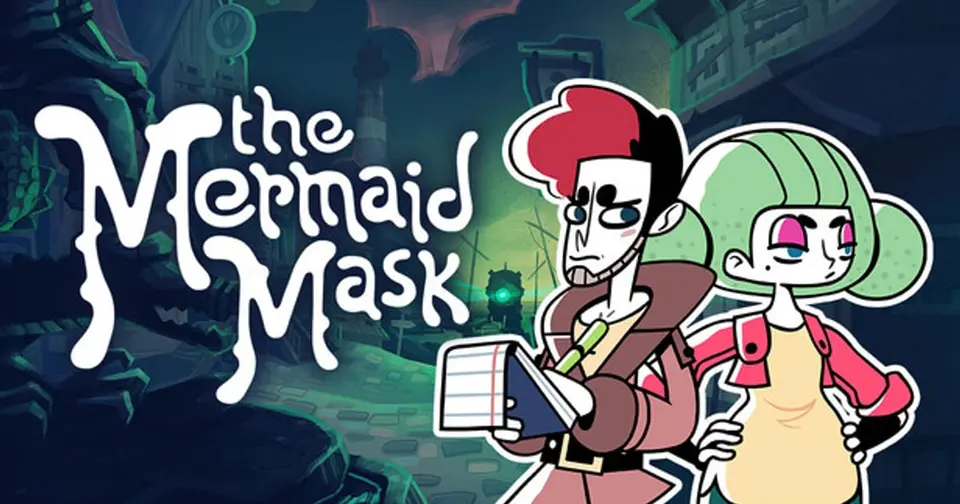 Official key art for The Mermaid Mask showing Detective Grimoire holding a notebook and Sally standing beside him in a dark teal underwater town