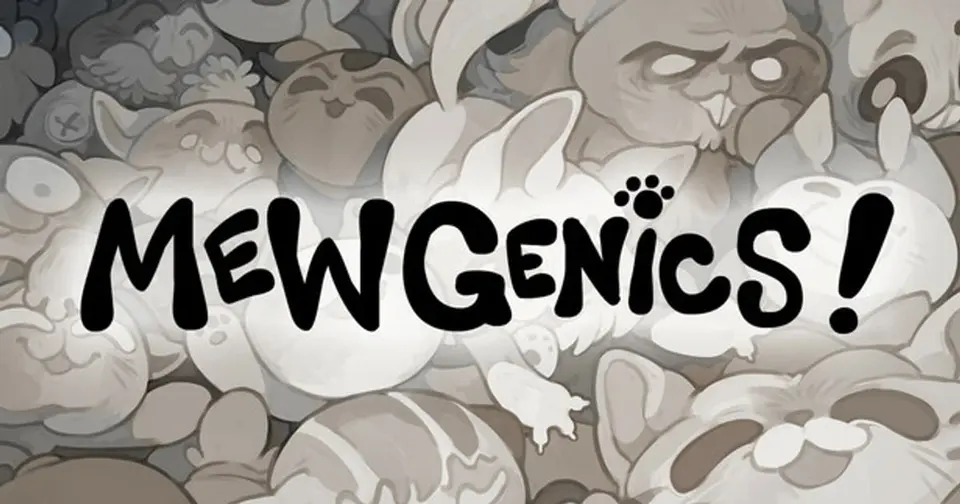 Mewgenics key art showing the game's logo over a crowded pile of cartoon cats drawn in sepia tones