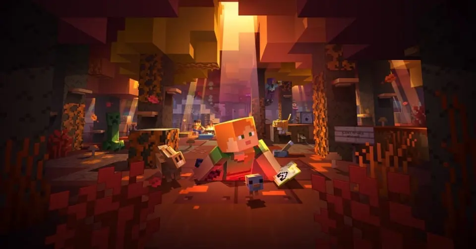 Minecraft Live fall 2026 key art showing Alex sliding through a dappled forest with orange poplar trees and a creeper