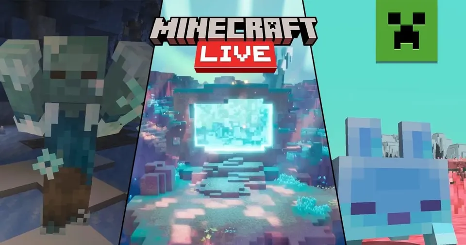 Minecraft Live September 2026 highlights showing the frozen zombie, a glowing portal into the Sift dimension and a blue Sift creature