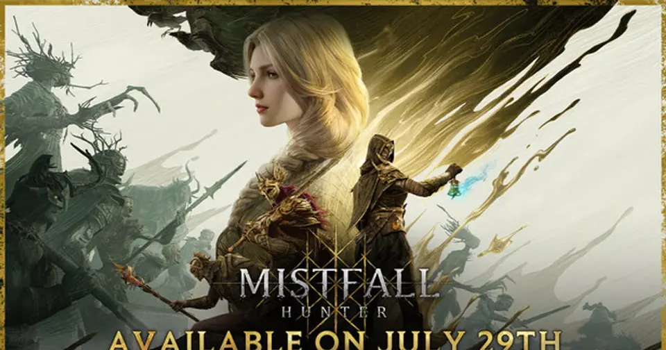 Mistfall Hunter key art showing a blonde hunter and a hooded companion in golden armor facing corrupted forest creatures