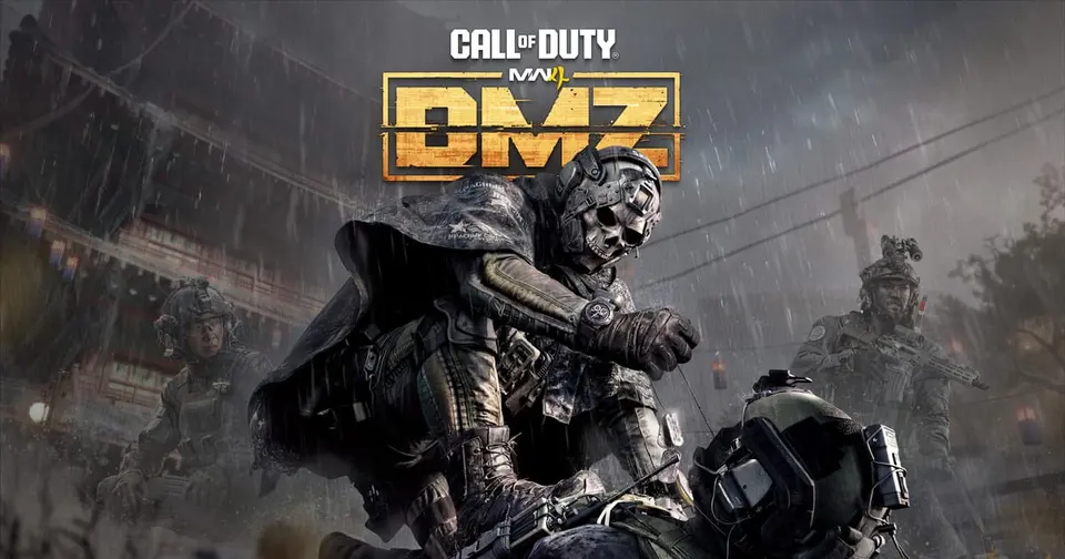 Official Modern Warfare 4 DMZ key art with a masked operator crouching in the rain in front of a Korean temple